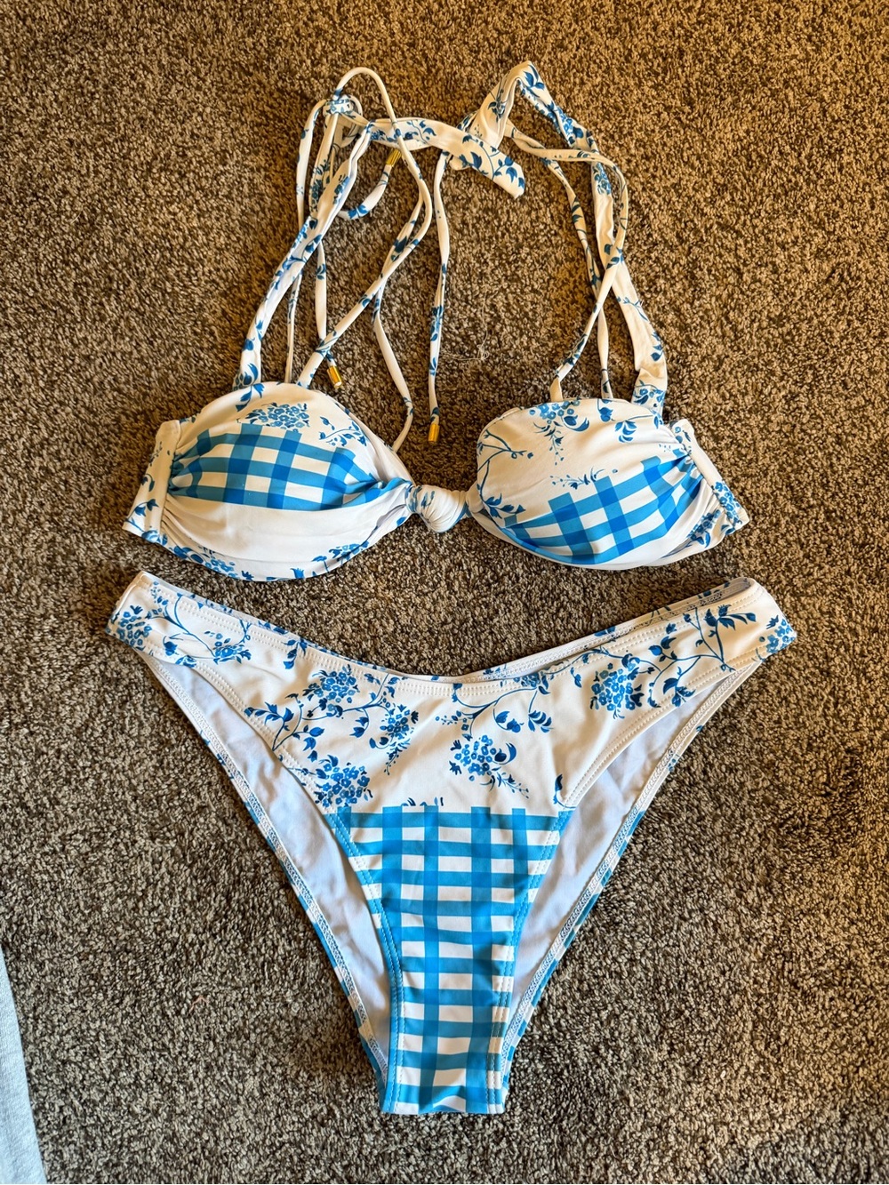 SHEIN White & Blue Floral Gingham Bikini Set